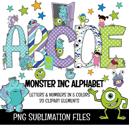 Monster Inc Doodle Alphabet Letters PNG Bundle Instant Download