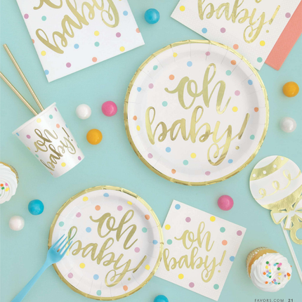 Oh Baby Gold Baby Shower Round 9" Dinner Plates