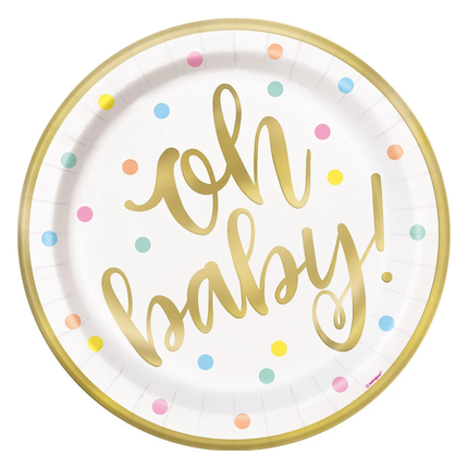 Oh Baby Gold Baby Shower set component: Oh Baby Gold Baby Shower Round 9" Dinner Plates