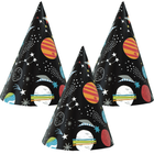 Three party hats with space-themed designs on a white background