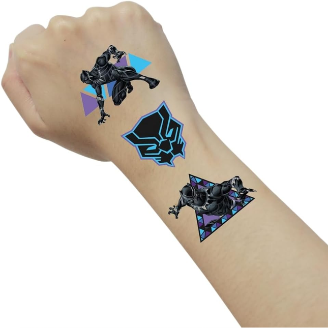 Black Panther temporary tattoos on a person's wrist with a white background