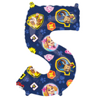 Balloon shaped like the number '5' with Paw Patrol characters on a blue background