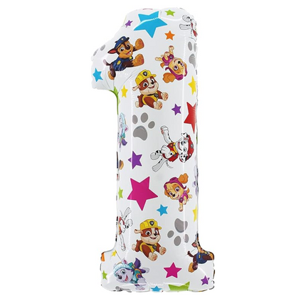 Number 1 balloon with Paw Patrol characters on a white background