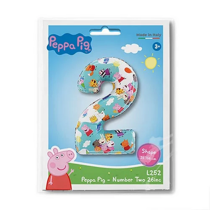 Peppa Pig number two plush toy in packaging with Peppa Pig illustration on a white background
