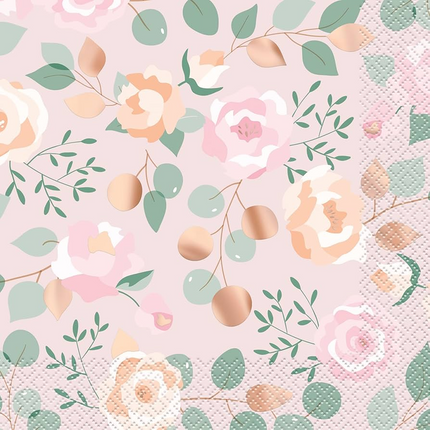 Pink Blooms Bridal Shower set component: Pink Blooms Luncheon Napkins, 16ct - Foil Stamping