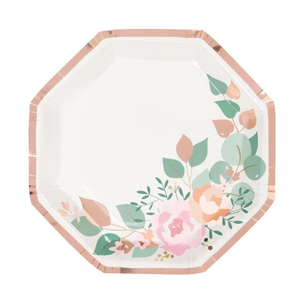 Pink Blooms Bridal Shower set component: Pink Blooms Octagon Shaped 9.25" Plates, 8ct - Foil Stamping
