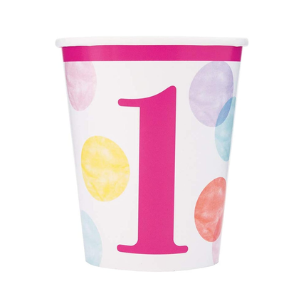 Pink Dots 1st Birthday 9oz Paper Cups, 8ct