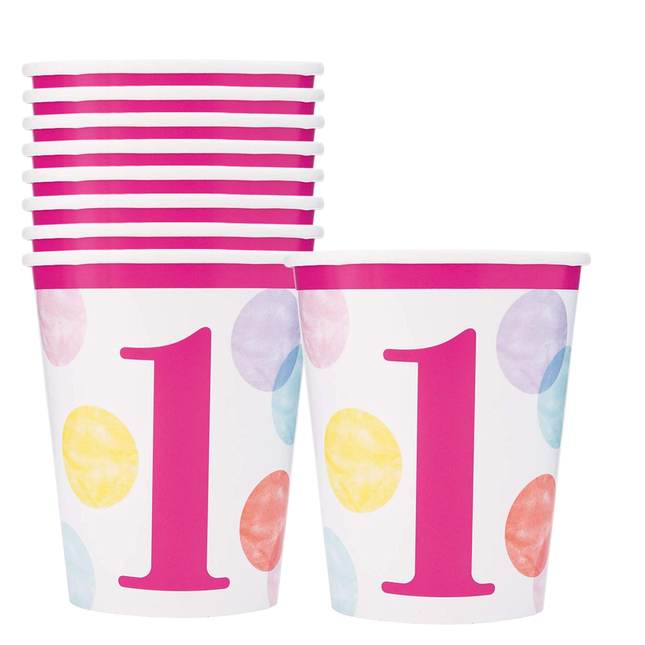 Pink Dots 1st Birthday 9oz Paper Cups, 8ct