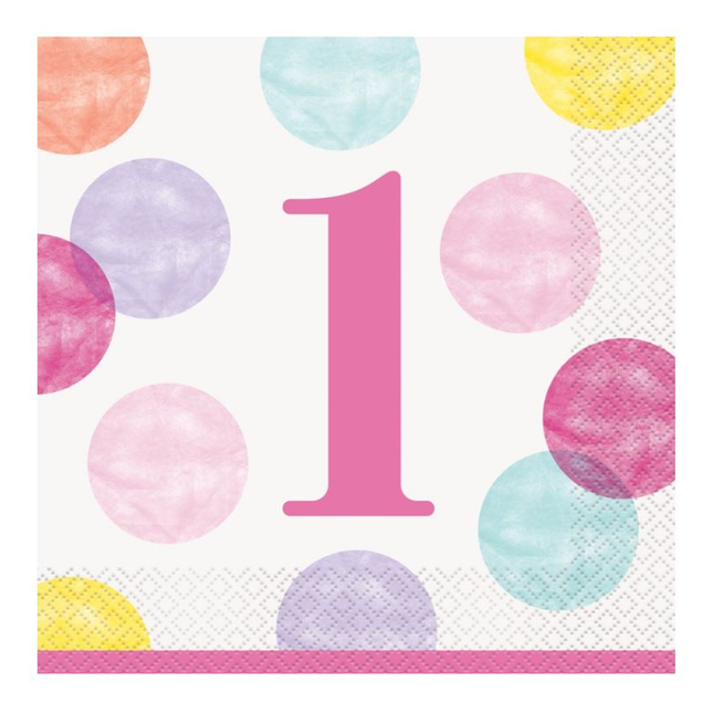 Pink Dots 1st Birthday Luncheon Napkins, 16ct