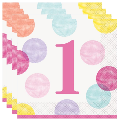 Pink Dots 1st Birthday Luncheon Napkins, 16ct
