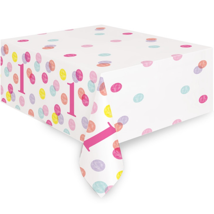 Pink Dots 1st Birthday Rectangular Plastic Table Cover, 54" x 84"