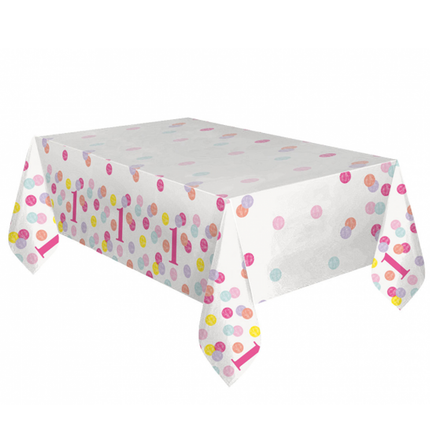 Pink Dots 1st Birthday Rectangular Plastic Table Cover, 54" x 84" - product detail included in the set