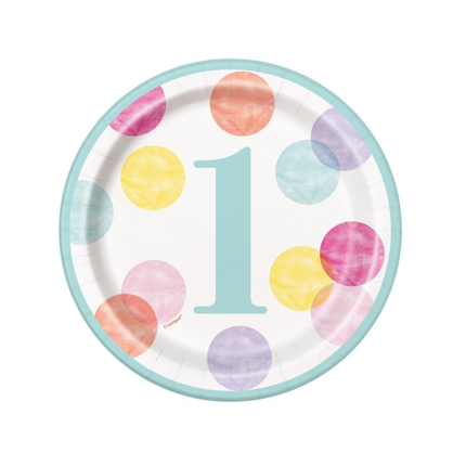 Pink Dots 1st Birthday Round 7" Dessert Plates, 8ct