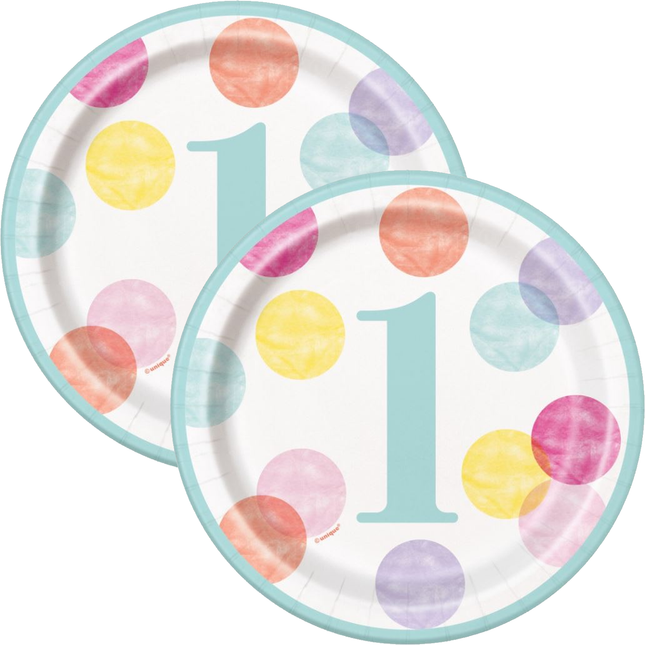 Pink Dots 1st Birthday Round 7" Dessert Plates, 8ct