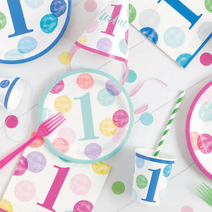 Pink Dots 1st Birthday Round 7" Dessert Plates, 8ct