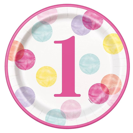 Pink Dots 1st Birthday Round 9" Dinner Plates, 8ct