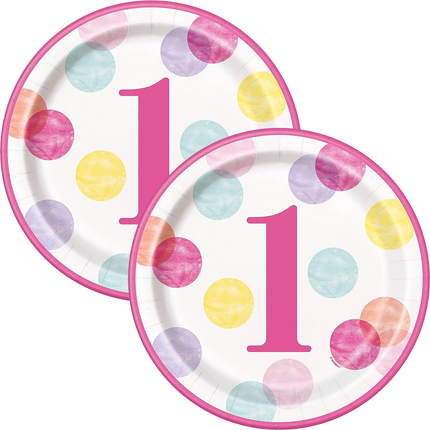 Pink Dots 1st Birthday Round 9" Dinner Plates, 8ct - product detail included in the set