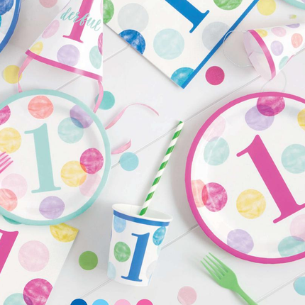 Pink Dots 1st Birthday Round 9" Dinner Plates, 8ct