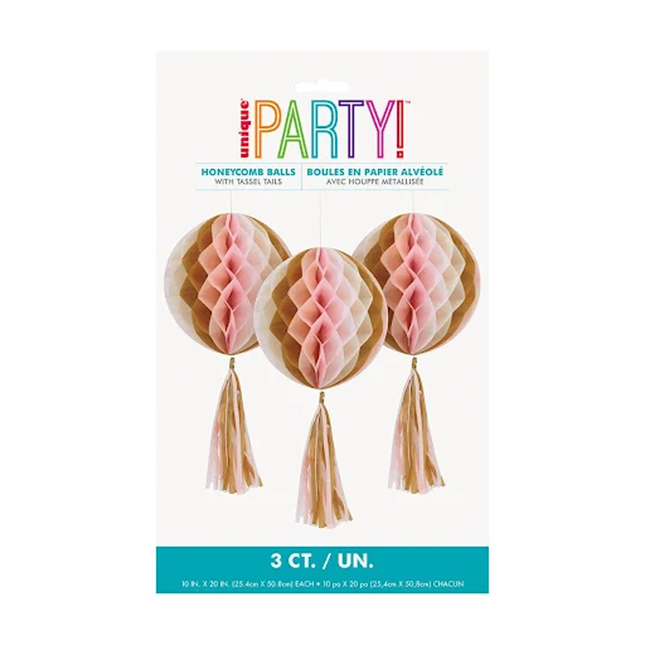 Pink Marble Honeycomb Tissue Hanging Decorations with Tissue Tassels, 3ct 