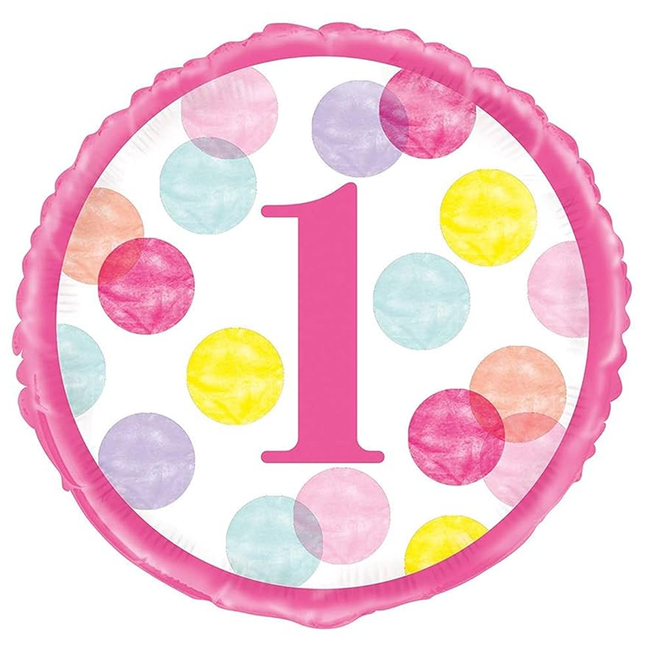 Pink Dots 1st Birthday Round Foil Balloon 18"