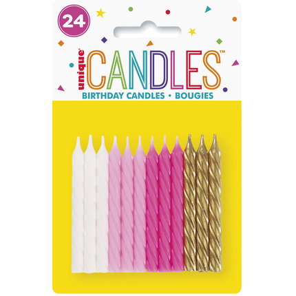 Pink, White & Gold Spiral Birthday Candles, 24ct