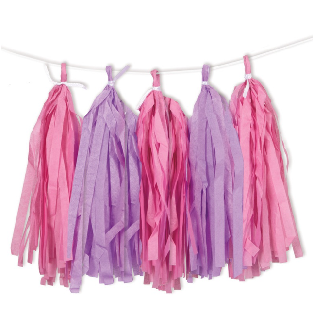 Pink and Purple Tissue Tassel Garland, 9 ft