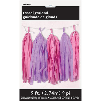 Pink and Purple Tissue Tassel Garland, 9 ft