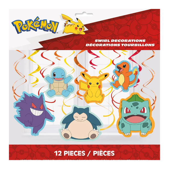 Pokémon swirl decorations in packaging with Pikachu and other characters.