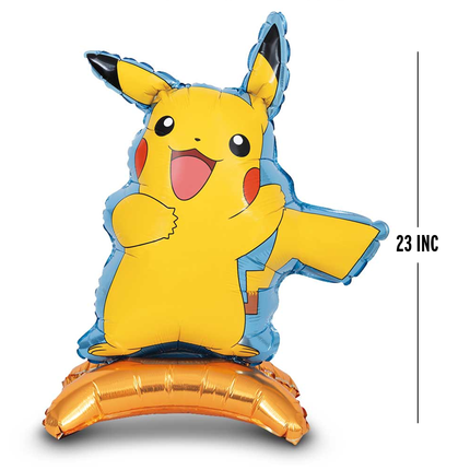 A Pikachu-shaped foil balloon standing on an orange base, shown against a white background with a vertical measurement marker labeled 23 INCH.