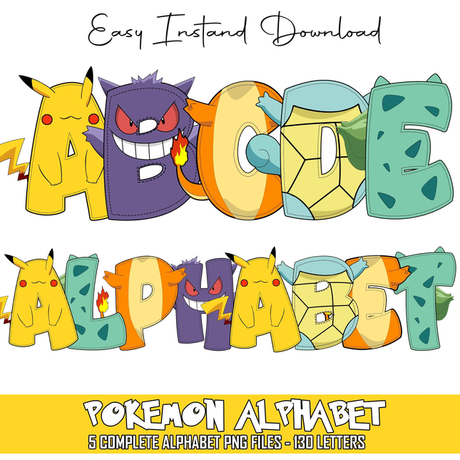 Pokemon Doodle Alphabet Letters PNG Bundle Instant Download