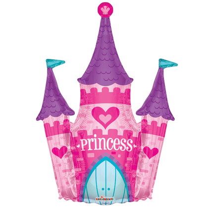 Inflatable castle-shaped balloon with 'Princess' text and heart designs on a white background