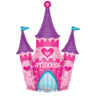 Inflatable castle-shaped balloon with 'Princess' text and heart designs on a white background