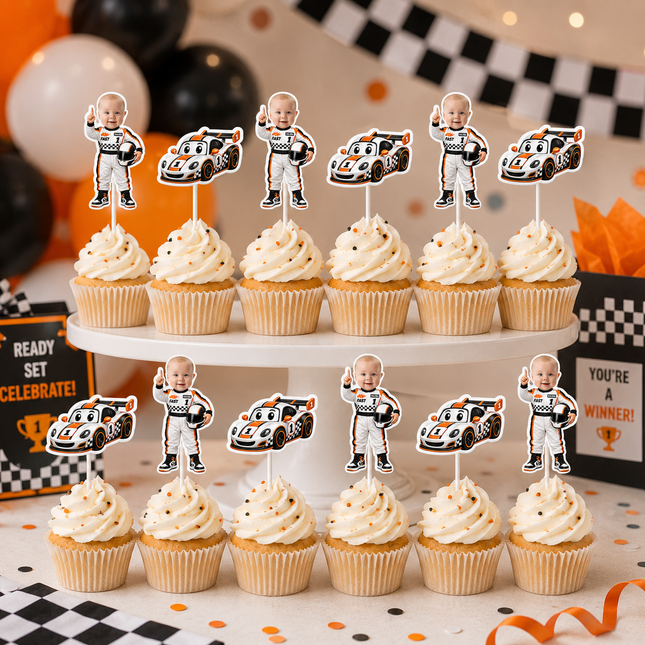 Twelve frosted cupcakes displayed on a white cake stand at a party, each topped with a custom baby racer cupcake topper. The toppers feature cartoon illustrations of babies in racing suits and their race cars.