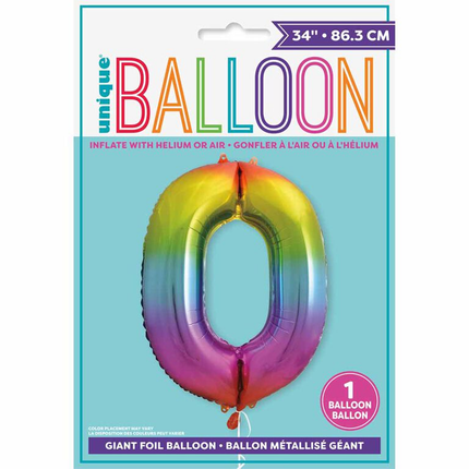 Rainbow 0 Number Foil Balloon 34"