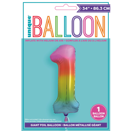 Rainbow 1 Number Foil Balloon 34"