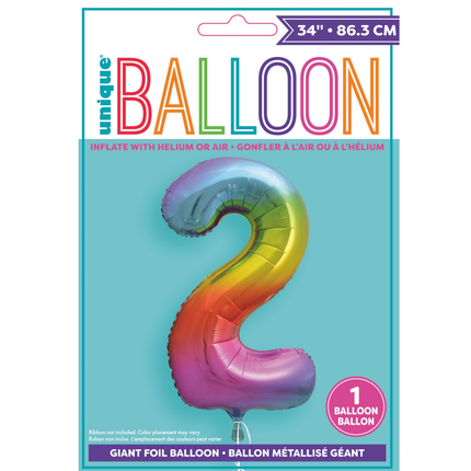 Rainbow 2 Number Foil Balloon 34"