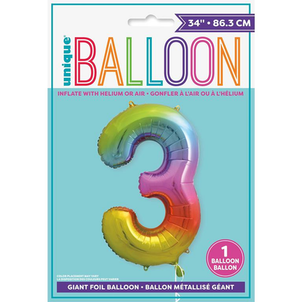 Rainbow 3 Number Foil Balloon 34"