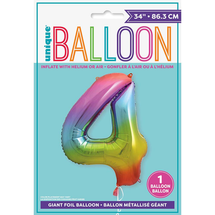 Rainbow 4 Number Foil Balloon 34"
