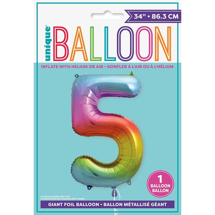 Rainbow 5 Number Foil Balloon 34"