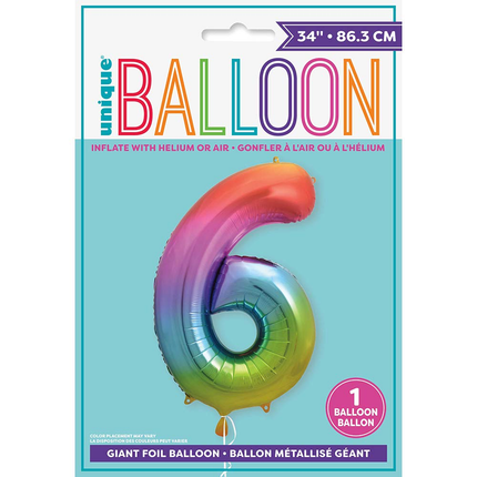 Rainbow 6 Number Foil Balloon 34"