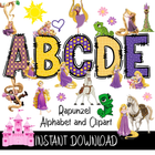 Rapunzel Doodle Alphabet Letters, Numbers PNG Bundle Instant Download