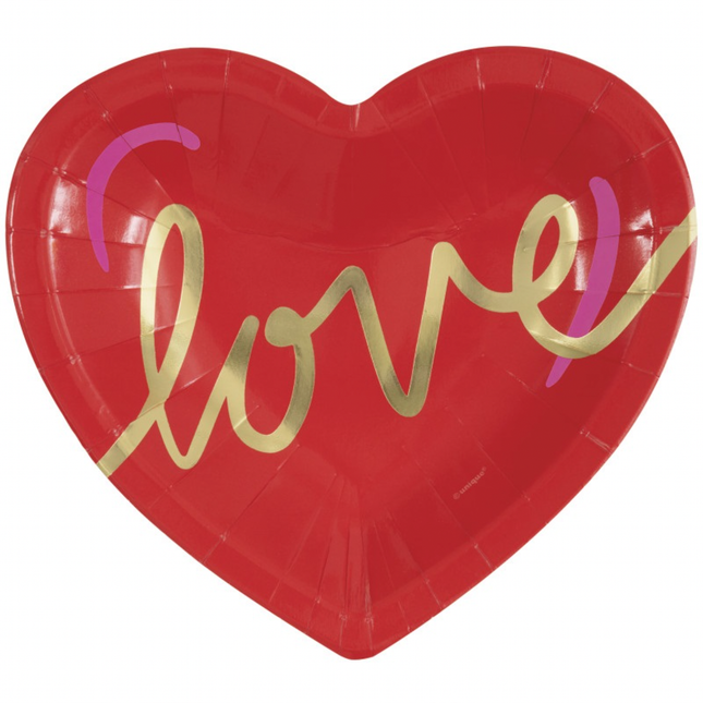 Red & Pink Valentines "Love" Heart Shaped 7.25" Dessert Plate 8ct