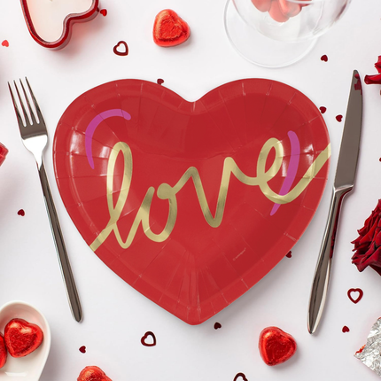 Red & Pink Valentines "Love" Heart Shaped 7.25" Dessert Plate 8ct