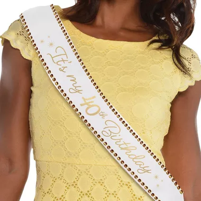 Rhinestone Golden Age 40th Birthday Satin Sash, 30in