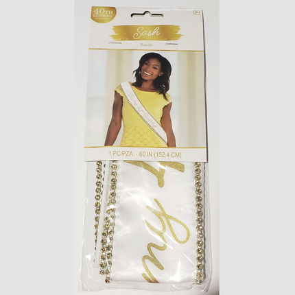 Rhinestone Golden Age 40th Birthday Satin Sash, 30in
