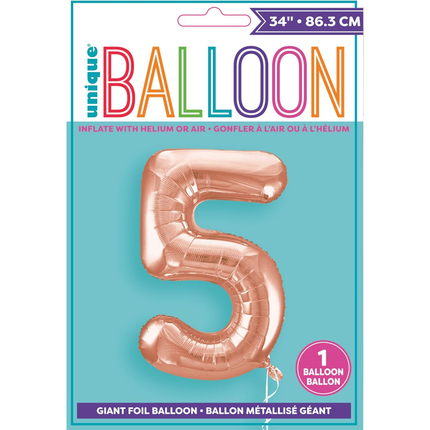 Rose Gold 5 Number Foil Balloon 34"