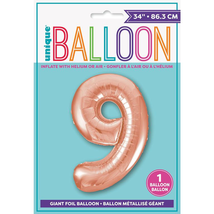 Rose Gold 9 Number Foil Balloon 34"