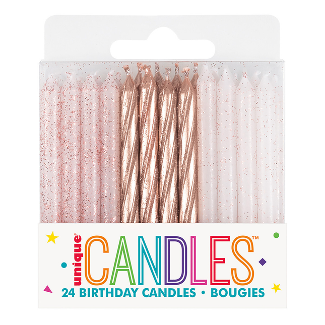 Rose Gold Glitter Spiral Birthday Candles, 24ct