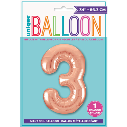 Rose Gold 3 Number Foil Balloon 34"
