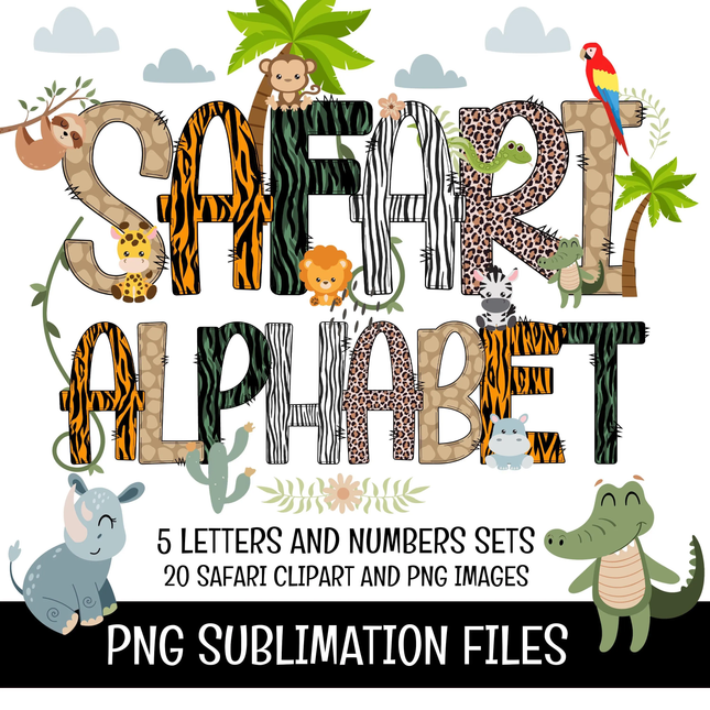 Safari Zoo Doodle Alphabet Letters PNG Bundle Instant Download